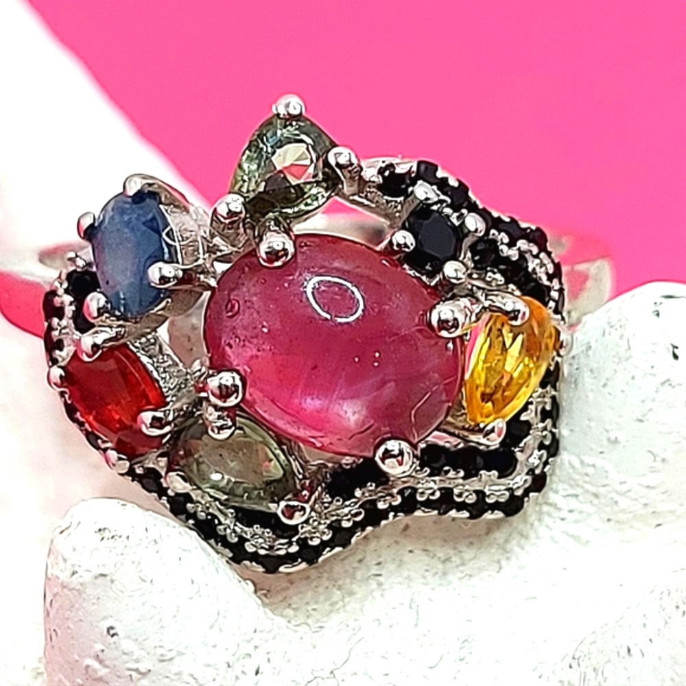 Unheated Natural Ruby 9×7 mm & Black‎ Spinel 925 Sterling Silver Ring Sz 6.5